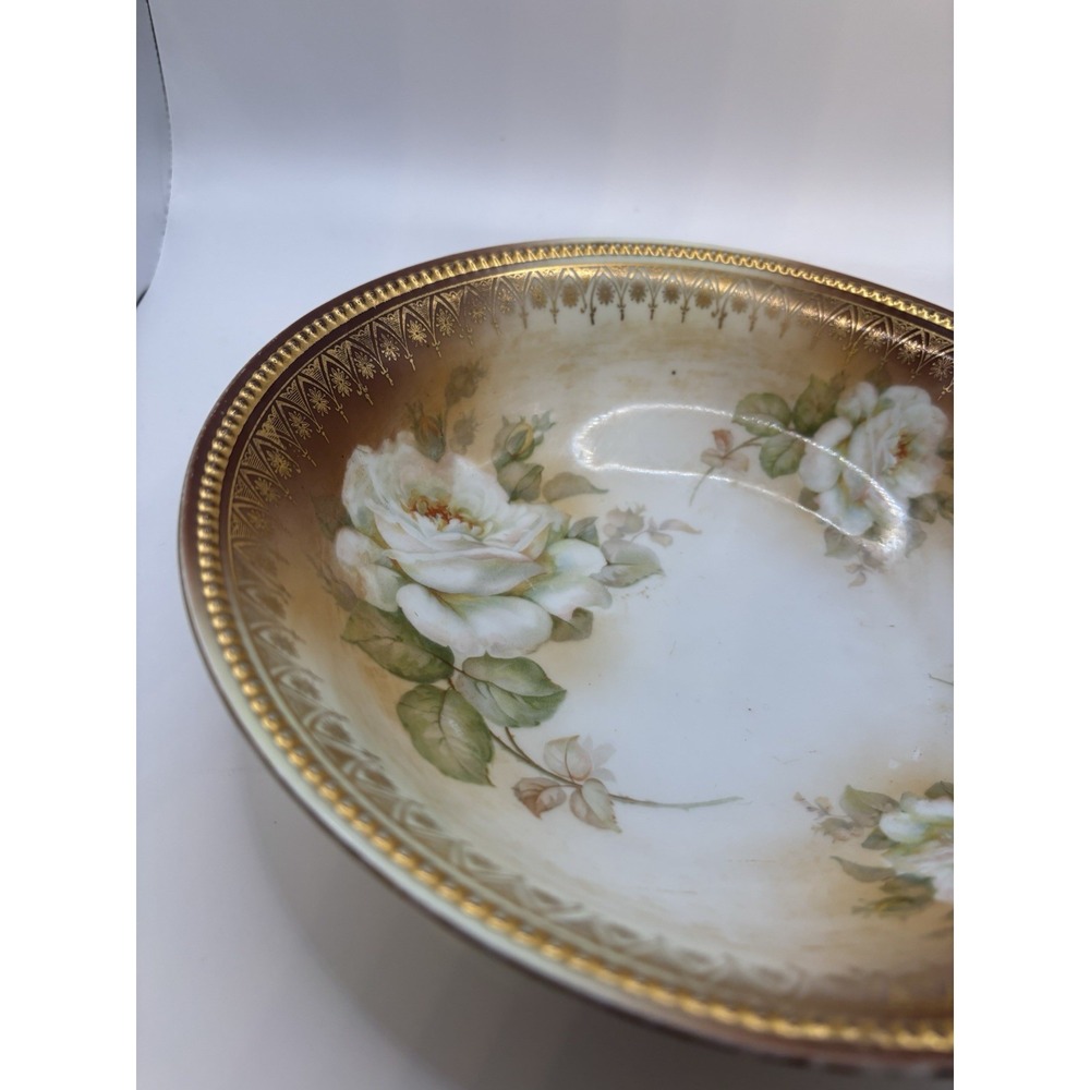 Antique P.K. Silesia Porcelain Serving Bowl Bridal Roses Gold Beaded Rim 1914-22 - Picture 2 of 14